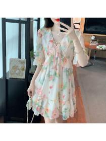 Summer Korean style Elegant V collar Floral dress 