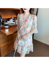 Summer Korean style Elegant V collar Floral dress 