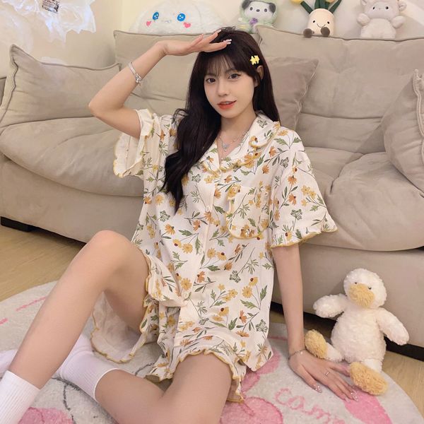 Korean style Summer Fashion Floral Pajamas 2 pcs set