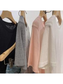 Korean style Round collar Solid color Summer T-shirt 