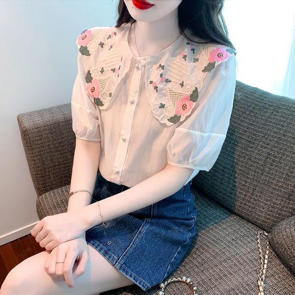 Korean style Puff sleeve Chic Embroidery Chiffon shirt