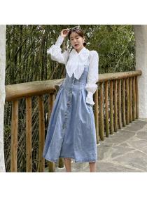 Korean style Summer Bowknot blouse Denim dress 2 pcs set