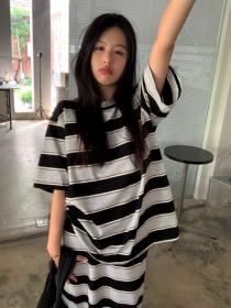 Summer fashion Stripe Matching T-shirt Long skirt 2 pcs set
