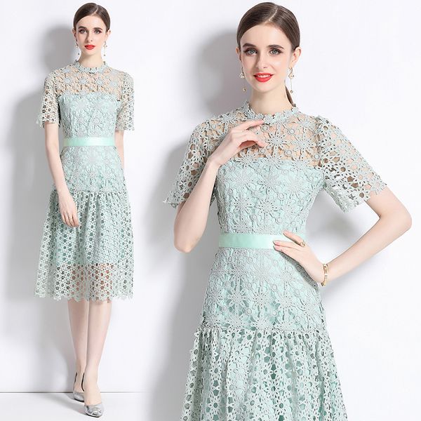 European style Summer Elegant Embroidery Lace Short sleeve dress