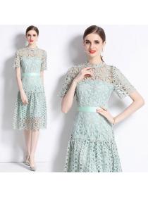 European style Summer Elegant Embroidery Lace Short sleeve dress 