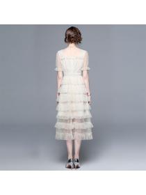 European style Summer Elegant Square neck Lace Layer dress 