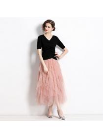 European style Summer Elegant Knitted top Mesh Long skirt