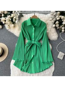 Vintage style Shirt collar Solid color dress 