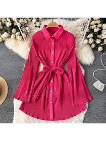 Vintage style Shirt collar Solid color dress 