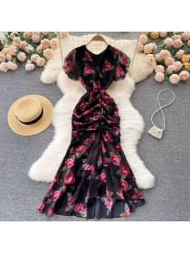 Luxury chiffon print dress temperament ruffled fishtail dress