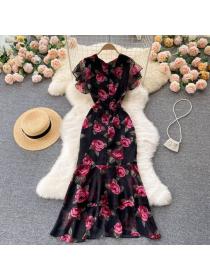 Luxury chiffon print dress temperament ruffled fishtail dress