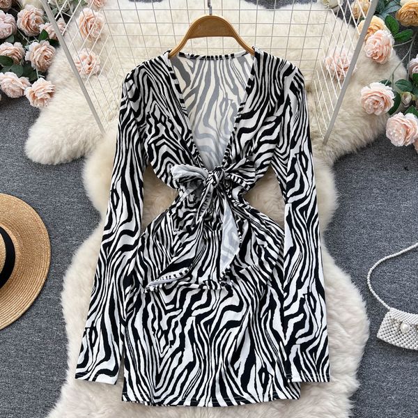 European style V collar Zebra-print long-sleeved dress