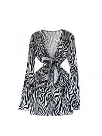 European style V collar Zebra-print long-sleeved dress 
