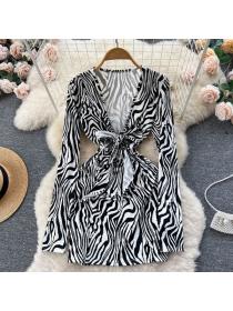 European style V collar Zebra-print long-sleeved dress 