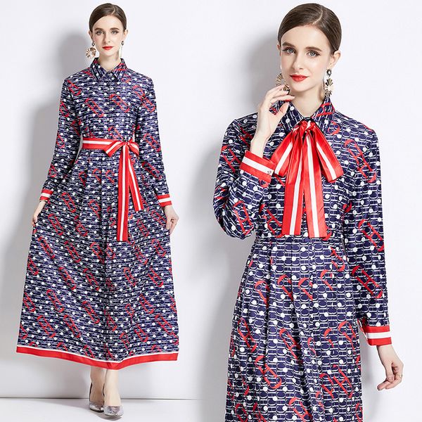 European style ElegantMatching Printed Long sleeve Maxi dress