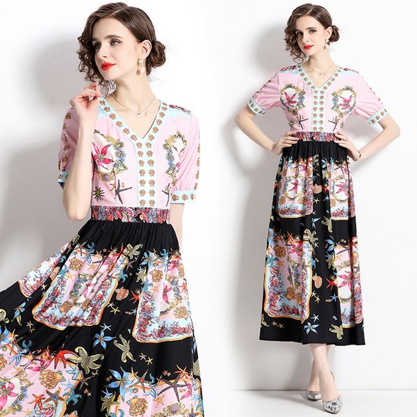 European style V collar Pinched waist Printed dress