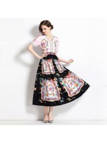 European style V collar Pinched waist Printed dress 