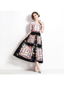 European style V collar Pinched waist Printed dress 
