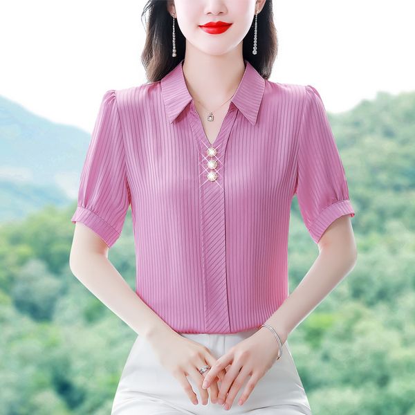 Korean style Fashion Solid color Silk Short sleeve Blouse