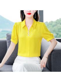 Korean style Fashion Solid color Silk Short sleeve Blouse 