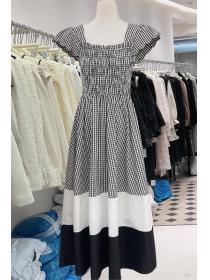 Korean style Square collar Plaid Dress for women