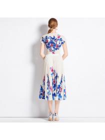 European style Summer Round collar Loose Top+Pleated skirt 