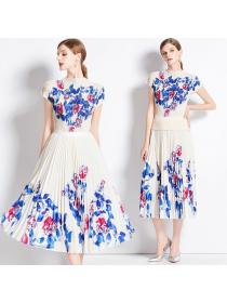 European style Summer Round collar Loose Top+Pleated skirt 