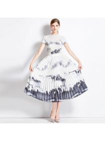 European style Fashion Summer Round collar Loose Top+Pleated skirt 