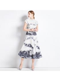 European style Fashion Summer Round collar Loose Top+Pleated skirt 