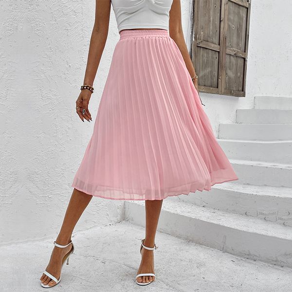 European style Summer Solid color Chiffon Pleated Long skirt