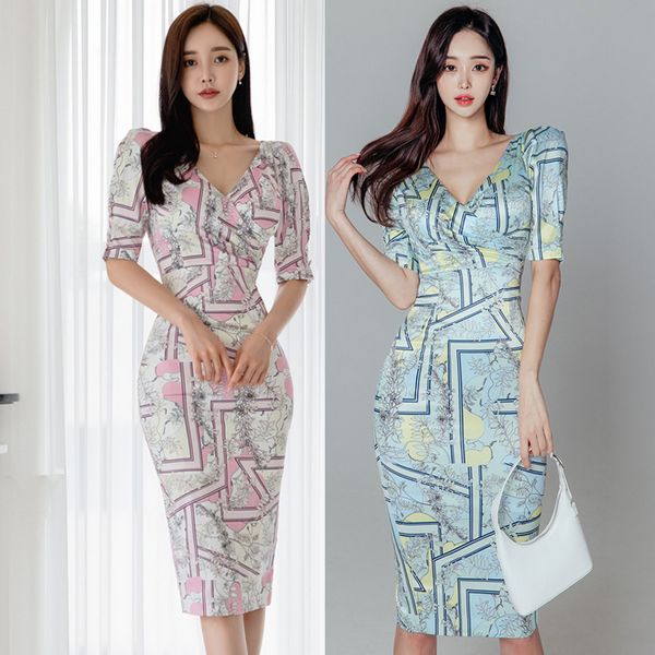 Korean style Summer fashion Slim V neck Sexy Hip-full dress