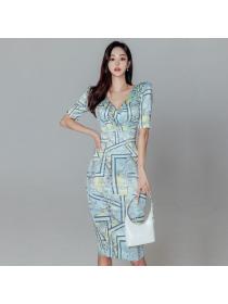 Korean style Summer fashion Slim V neck Sexy Hip-full dress 