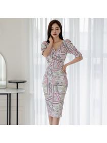 Korean style Summer fashion Slim V neck Sexy Hip-full dress 