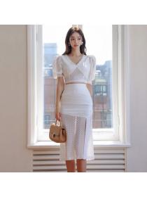 Korean style Summer fashion Slim V neck Sexy Short sleeve dress