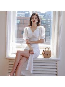 Korean style Summer fashion Slim V neck Sexy Short sleeve dress