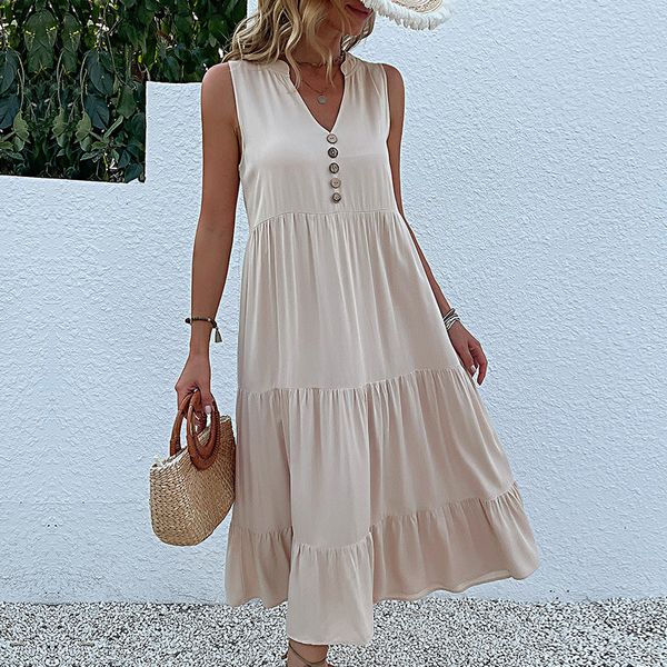 European style Summer fashion Loose Solid color sleeveless dress