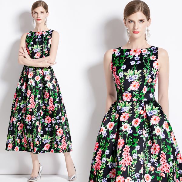 European style Summer Sleeveless Slim Floral A-line dress