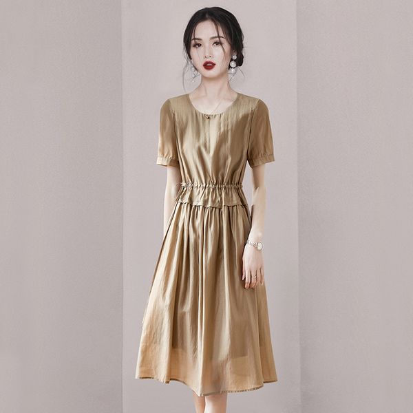 Korean style Round collar Slim Solid color dress