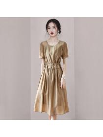 Korean style Round collar Slim Solid color dress 