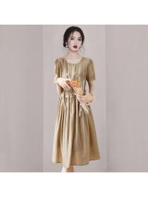 Korean style Round collar Slim Solid color dress 