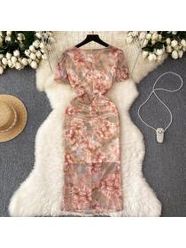 Korean style V collar Slit Short sleeve dress 