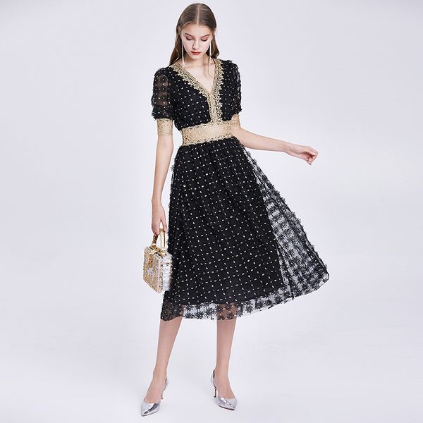 European style Lace Embroidery V neck Short sleeve dress