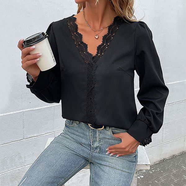 European style Fashion V neck Lace Long sleeve blouse