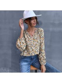 European style Loose V neck Floral blouse 