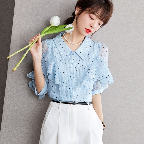 Korean style Short sleeve Chic Round collar Chiffon shirt