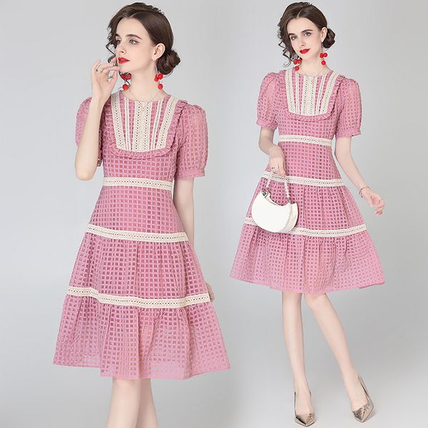 European style Retro Pink Slim Short sleee dress