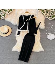 Fashion style V collar Elastic Knitted Cardigans Long dress 2pcs set