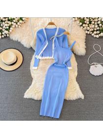 Fashion style V collar Elastic Knitted Cardigans Long dress 2pcs set
