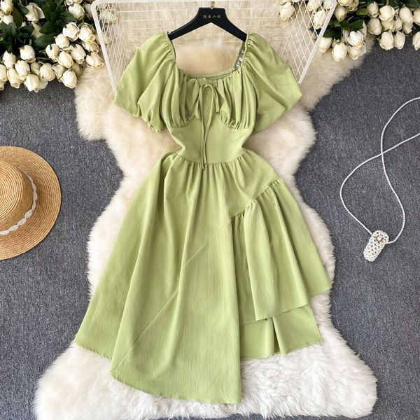 Fashion style Puff sleeve Sweet Solid color Short sleeve dress