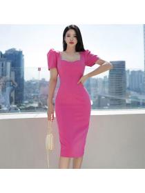 Korean style Fashion Square neck Short sleeve dress 